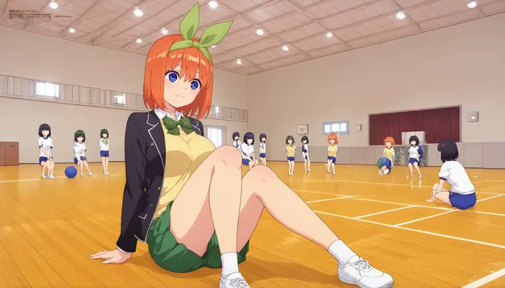1girl, y0tsuba, large breasts, orange hair, blue eyes, short hair, hair between eyes green bow hairband, black blazer, open blazer, yellow sweater vest, white collared shirt, bowtie, plaid bowtie, green skirt, pleated skirt,y0tsuba, orange hair, blue eyes,...