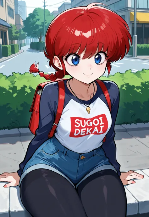 Ranma Saotome. red hair. pigtail. blue eyes. braid. small breasts. huge hips. necklace. black eyeliner. pink manicure. | Score 9, Score 8, Score 7, Masterpiece, Superior Quality, Amazing Quality, Masterpiece, Maximum Quality, Ultra-detailed, Alone, White F...
