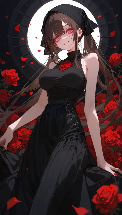 girl,Wear a Sleeveless Black Dress,Dark brown hair,in pink eyes,long hair,double ponytail,slim,Very thin,Big Breasts, small waist ,long skirt,Black headscarf,Long Eyelashes,Ghoul eyes,long hair,adore,smile,Red Rose Petals,
