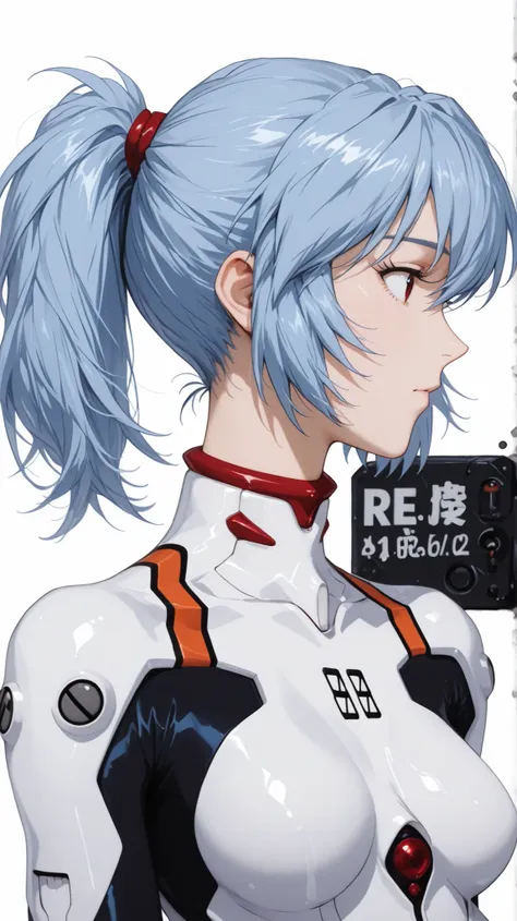 Ayanami Rei
Ayanami Rei、girl in black、ponytail、white bodysuit、plug suit on background、pilot suit、profile、upper body up、simple white background
