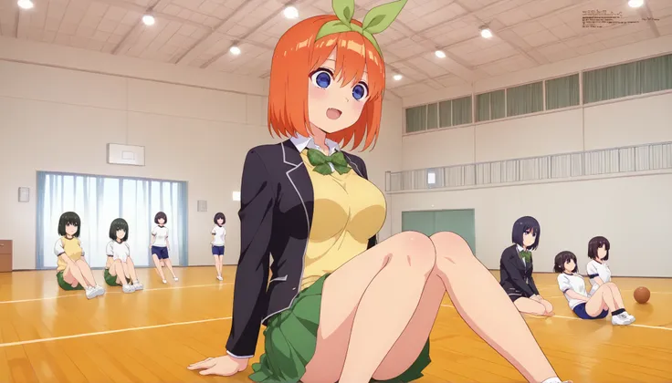 1girl, y0tsuba, large breasts, orange hair, blue eyes, short hair, hair between eyes green bow hairband, black blazer, open blazer, yellow sweater vest, white collared shirt, bowtie, plaid bowtie, green skirt, pleated skirt,y0tsuba, orange hair, blue eyes,...