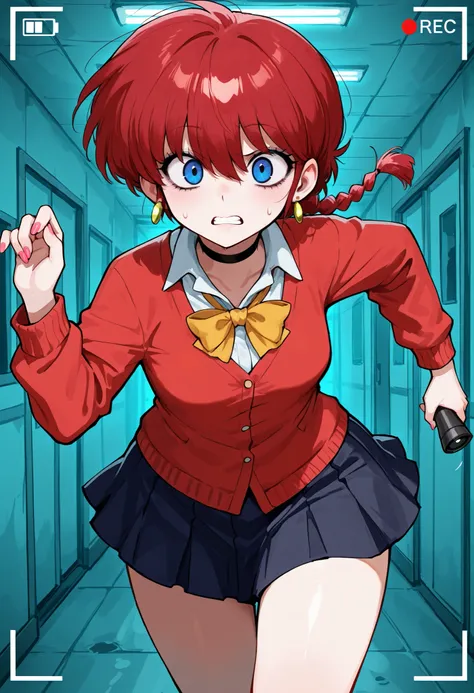 Ranma Saotome. red hair. pigtail. blue eyes. braid. small breasts. huge hips. necklace. black eyeliner. pink manicure. |Score 9, Score 8, Score 7, Masterpiece, Superior Quality, Amazing Quality, Masterpiece, Maximum Quality, Ultra-detailed, Alone, White Fr...