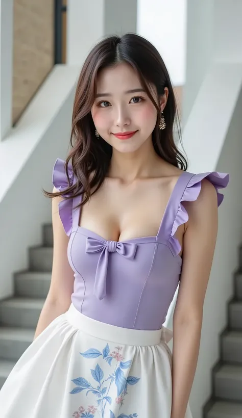 Fashion portrait photo of a young and beautiful Japanese woman standing amongst white architecture in natural light. She is wearing a feminine blouse with lavender ruffled sleeves and bow tie detailing, paired with a white midi skirt with a blue floral pat...