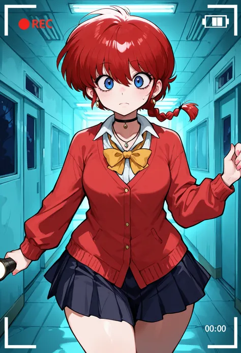 Ranma Saotome. red hair. pigtail. blue eyes. braid. small breasts. huge hips. necklace. black eyeliner. pink manicure. |Score 9, Score 8, Score 7, Masterpiece, Superior Quality, Amazing Quality, Masterpiece, Maximum Quality, Ultra-detailed, Alone, White Fr...