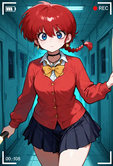Ranma Saotome. red hair. pigtail. blue eyes. braid. small breasts. huge hips. necklace. black eyeliner. pink manicure. |Score 9, Score 8, Score 7, Masterpiece, Superior Quality, Amazing Quality, Masterpiece, Maximum Quality, Ultra-detailed, Alone, White Fr...