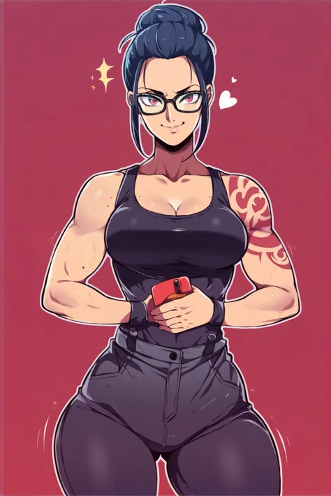 A voluptuous and muscular Asian woman dressed like a seductive police officer. She wears a tight white button-up shirt slightly opened at the chest, black tactical suspenders, and tight black dress pants that highlight her curvy thighs and hips. She has da...