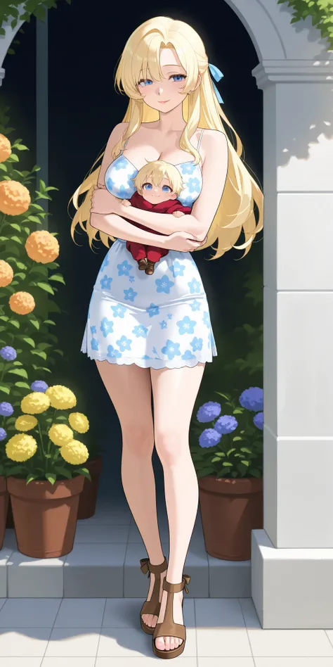 A mature beautiful woman with blond hair with two-parted side fringes, extremely fair white natural skin, big blue-hazel eyes, red plump glossy lips, a small waist, and a perfect slim yet curvy body. She's only wearing a long sky-blue floral dress with spa...