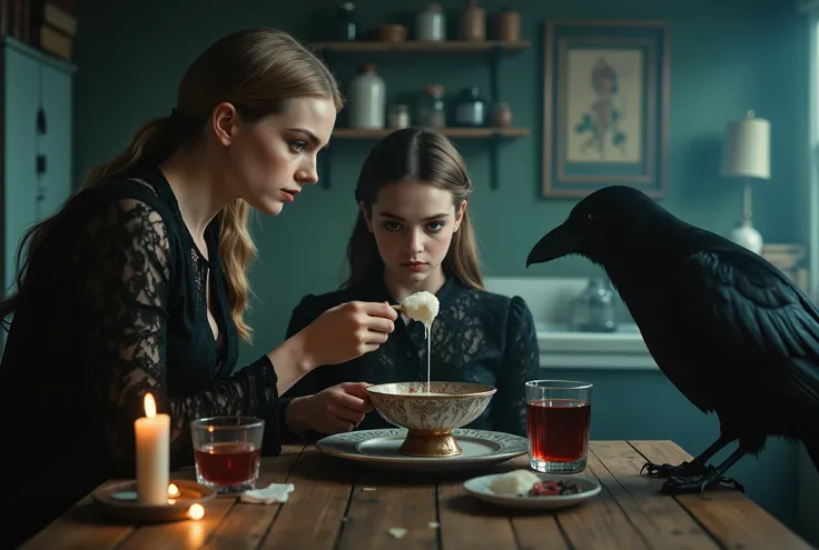 A woman and a young girl, both dressed in black , blonde and black hair, sit at a wooden table in a dimly lit, vintage kitchen. The woman feeds the girl a spoonful of creamy soup from a decorative bowl. On the table are two black crows, a glass of milk wit...