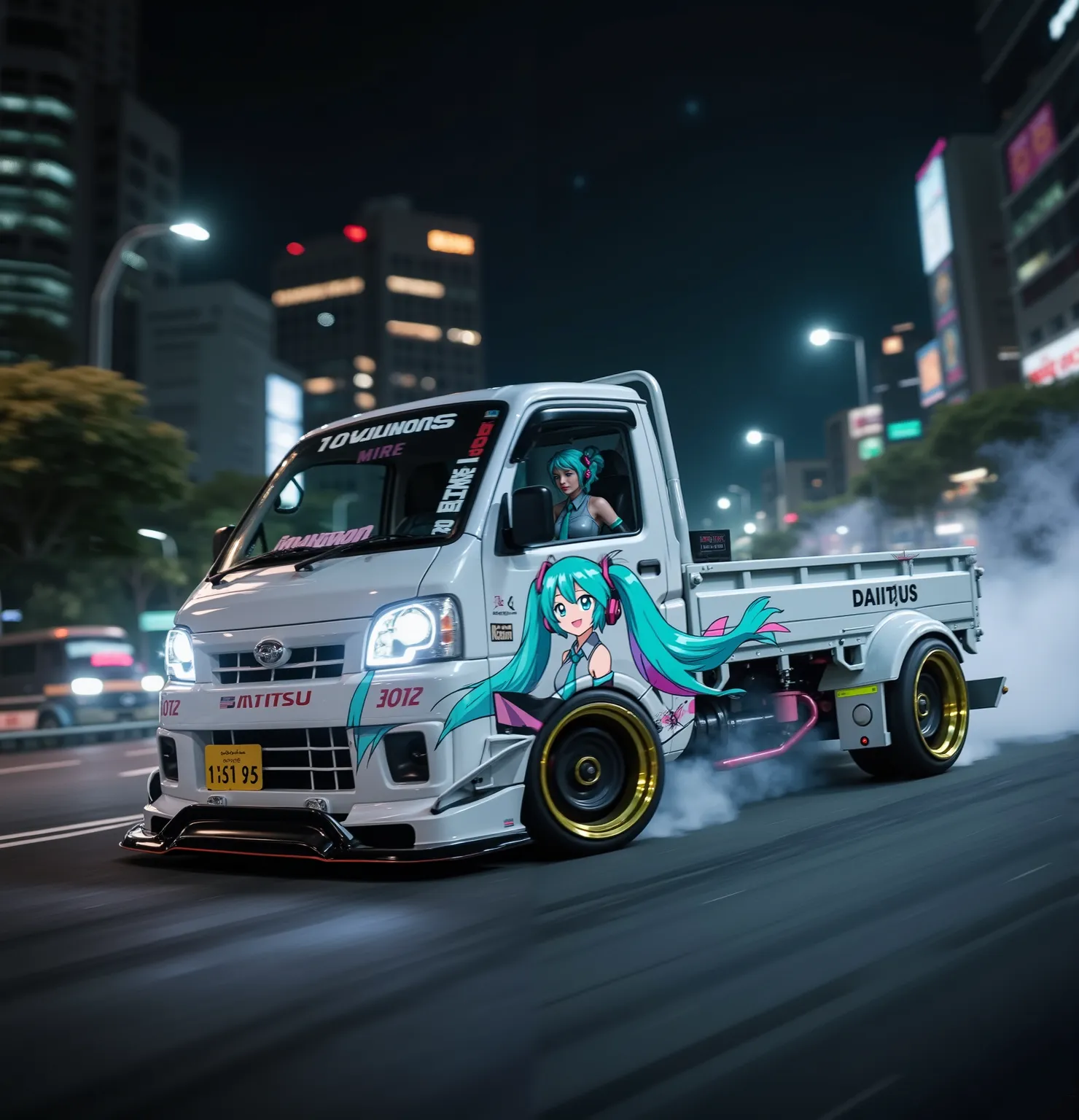 tuning up of a 2025 Daihatsu small light truck with a wide body and eccentric wheels,2025 Daihatsu small light truck tuning,anime woman、Draw Hatsune Miku on her body,masterpiece,Ultra fine expression,Four-wheel drift driving in the night city,