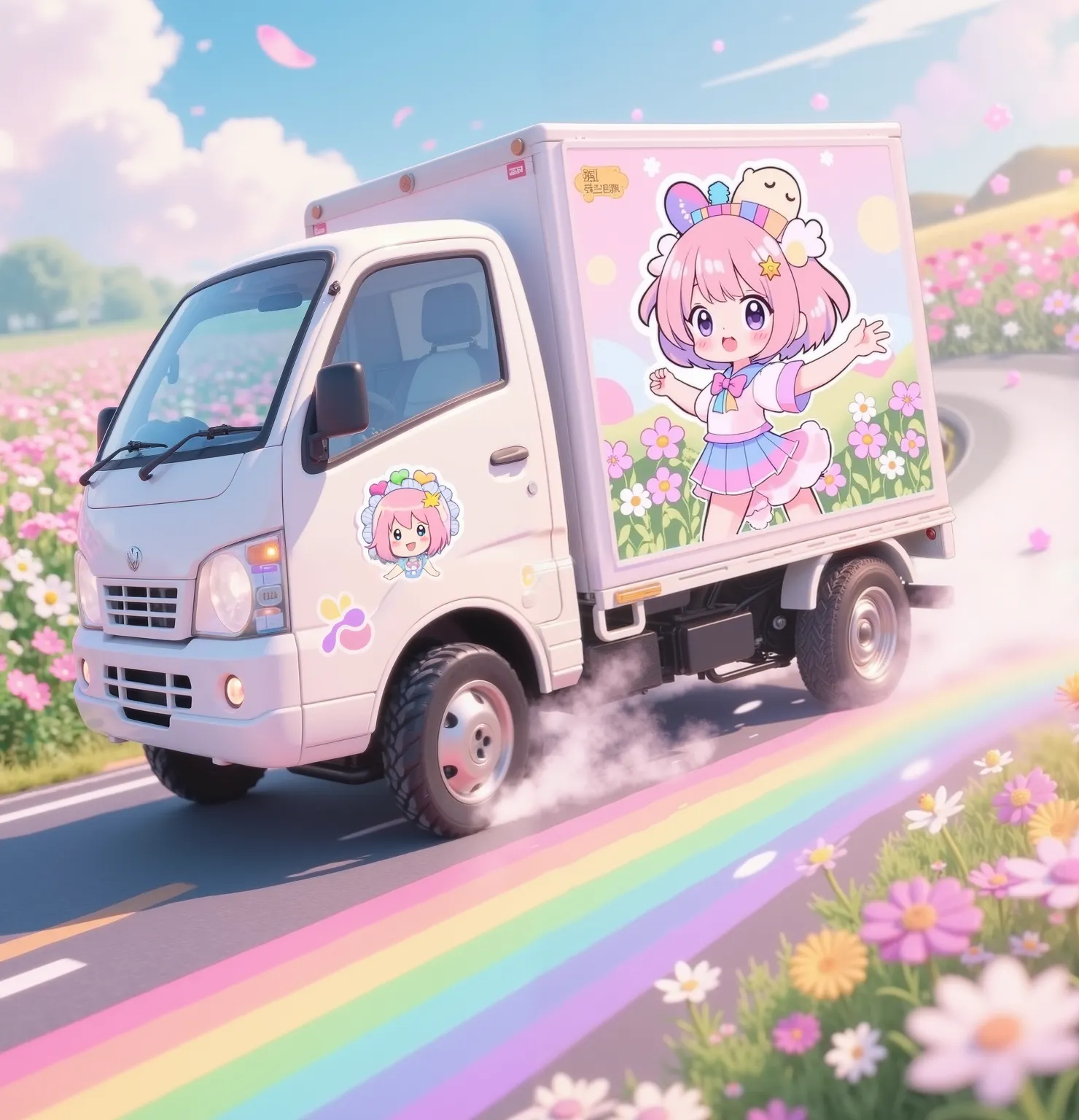 There is a decal with a cute anime-style image on the light truck、cute girl、Fluffy short hair、Head ornament、Tafono、cute pose、surrounded by flower fields、 pastel flavor 、expresses maximum cuteness、Emits delicate light、runs on a rainbow-colored road、detailed...