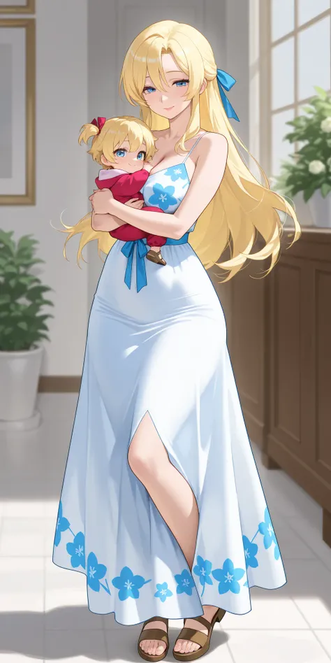 A mature beautiful mother with blond hair with two-parted side fringes, extremely fair white natural skin, big blue-hazel eyes, red plump glossy lips, and a perfect slim yet curvy body. She's only wearing a long sky-blue floral dress with spaghetti straps,...