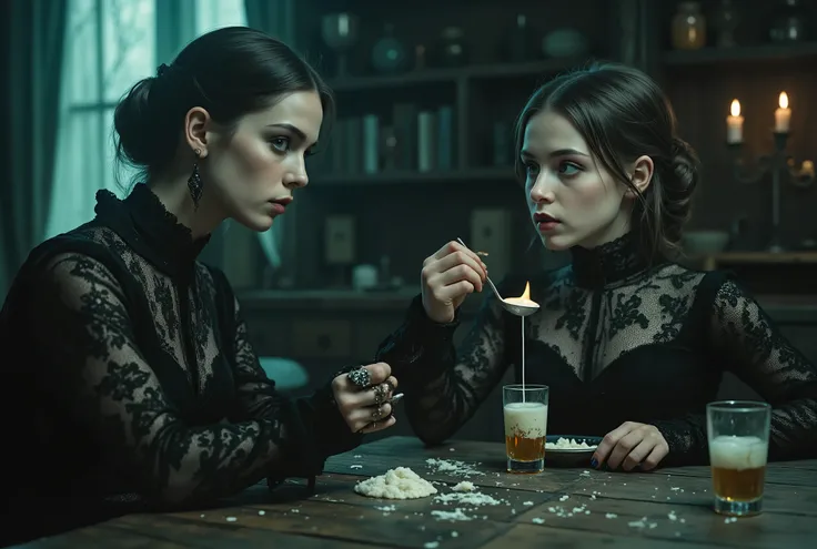 (A woman and a young girl, both dressed in black lace, sit at a wooden table in a dimly lit, vintage kitchen. The woman feeds the girl a spoonful of creamy soup from a decorative bowl. On the table are two black crows, a glass of milk with red stains, a gl...