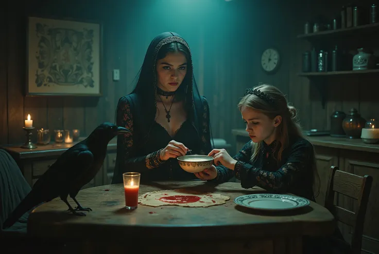 A woman and a young girl, both dressed in black lace, sit at a wooden table in a dimly lit, vintage kitchen. The woman feeds the girl a spoonful of creamy soup from a decorative bowl. On the table are two black crows, a glass of milk with red stains, a gla...