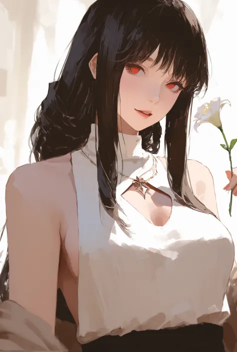 masterpiece、Highest Quality、A woman holding a flower in front of her chest、The woman's face is slightly slouchy、An elegant woman with hair longer than her shoulders 、Pen drawing、 realistically