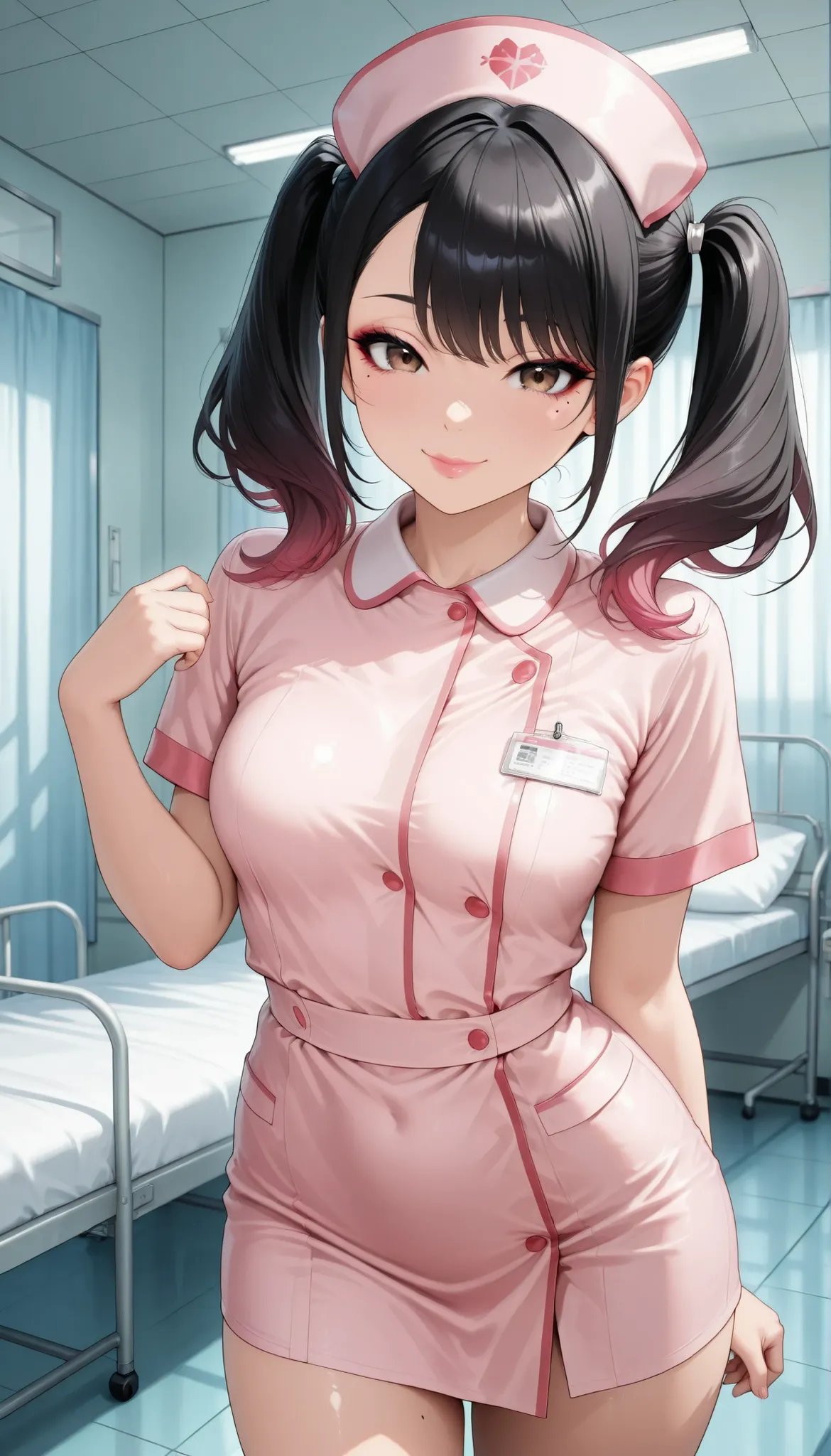 1 female, Pretty Pretty Girl, beautiful eyes, beautiful lips, glossy skin, (nurse outfit, Pink Nurse, hospitalization, Hospital room, bed), Lavish Atmosphere, masterpiece, Highest Quality, Ultra High Definition, Photorealistic, 8K Ultra HD,  hyper details,...