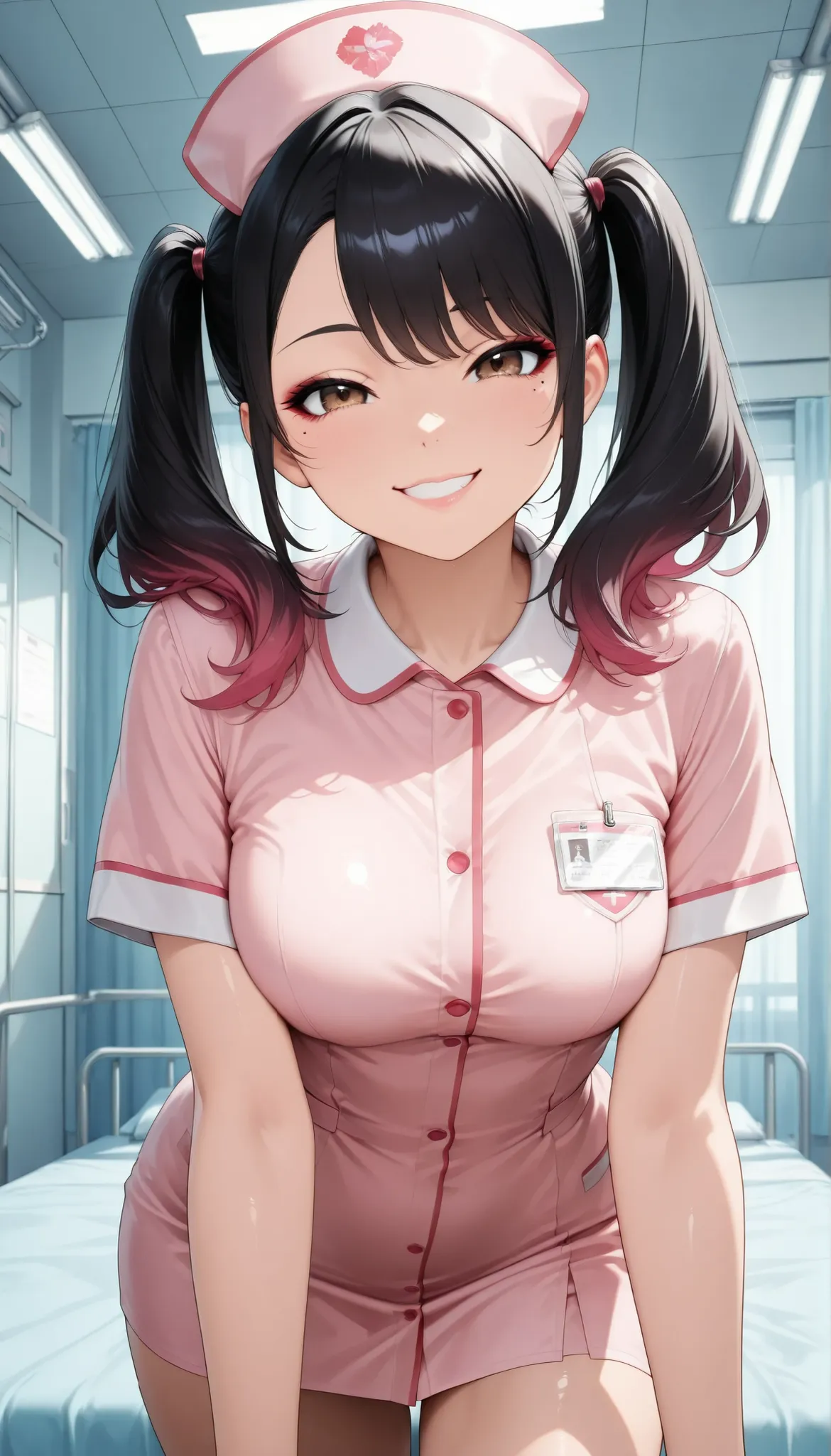 1 female, Pretty Pretty Girl, beautiful eyes, beautiful lips, glossy skin, smile, grinning, (nurse outfit, Pink Nurse, hospitalization, Hospital room, bed), Lavish Atmosphere, masterpiece, Highest Quality, Ultra High Definition, Photorealistic, 8K Ultra HD...