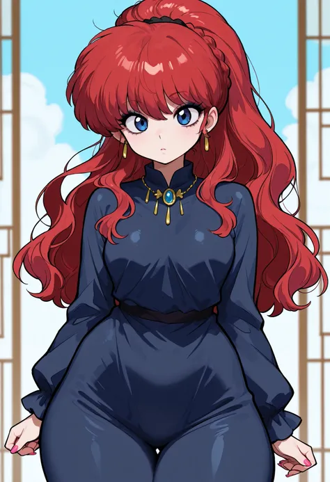Ranma Saotome. red hair. pigtail. blue eyes. braid. small breasts. huge hips. necklace. black eyeliner. pink manicure. | highres, best quality, masterpiece, earrings, makeup, eyeshadow, ranma-chan, wavy hair, big hair, high ponytail, hair_spread_out hair f...
