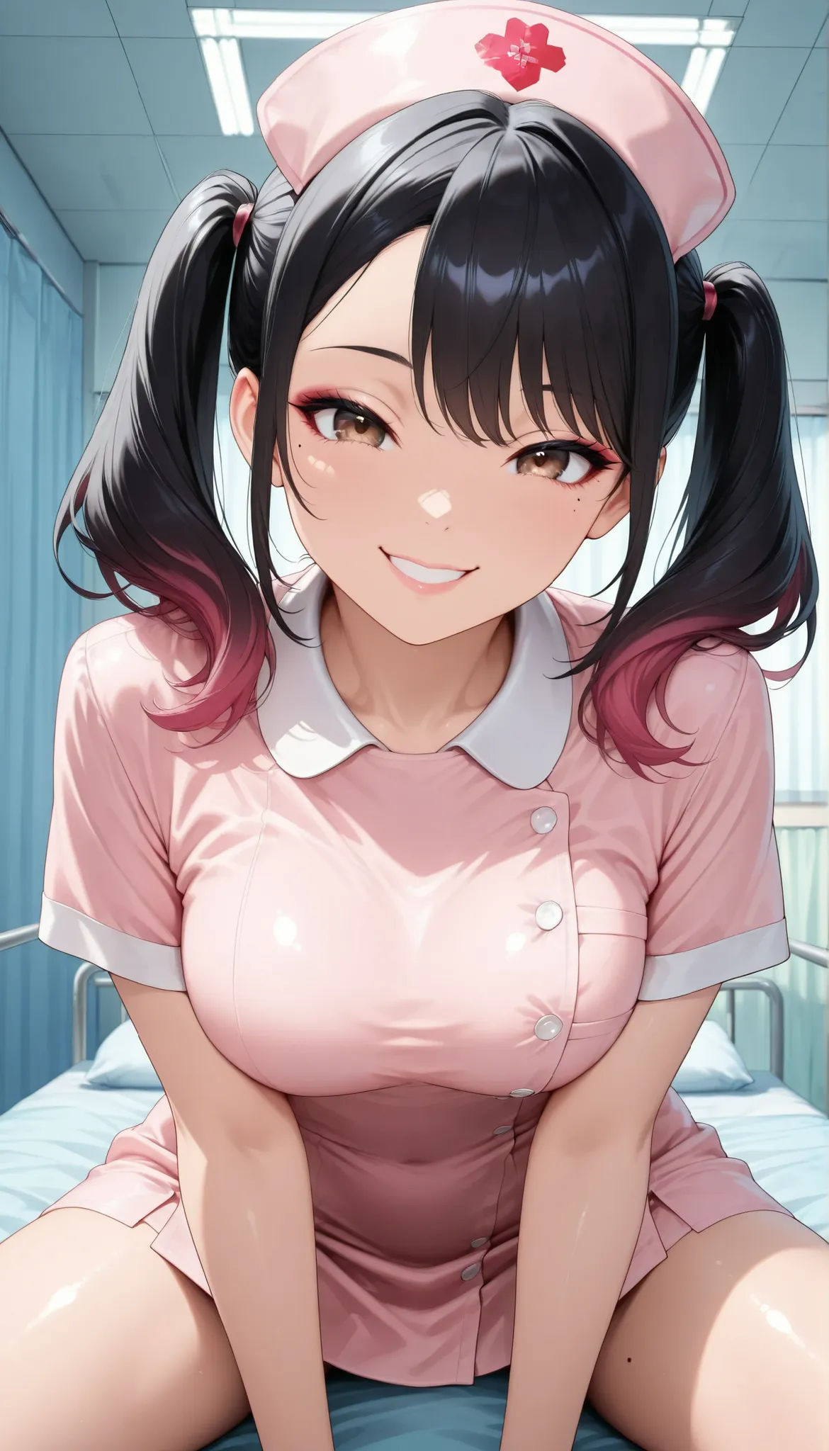 1 female, Pretty Pretty Girl, beautiful eyes, beautiful lips, glossy skin, smile, grinning, (nurse outfit, Pink Nurse, hospitalization, Hospital room, bed), Lavish Atmosphere, masterpiece, Highest Quality, Ultra High Definition, Photorealistic, 8K Ultra HD...