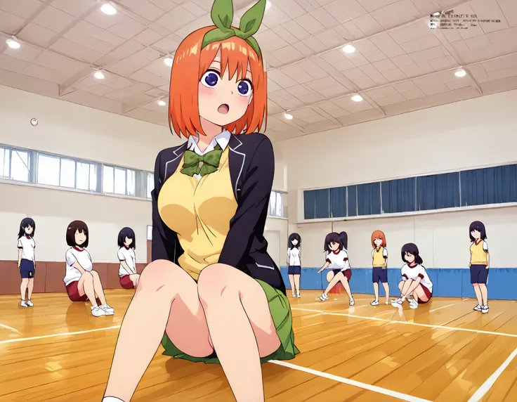 1girl,unwellness yotsuba, large breasts, orange hair, blue eyes, short hair, hair between eyes,green bow hairband, black blazer, open blazer, yellow sweater vest, white collared shirt, bowtie, plaid bowtie, green skirt, pleated skirt,sitting on the floor g...