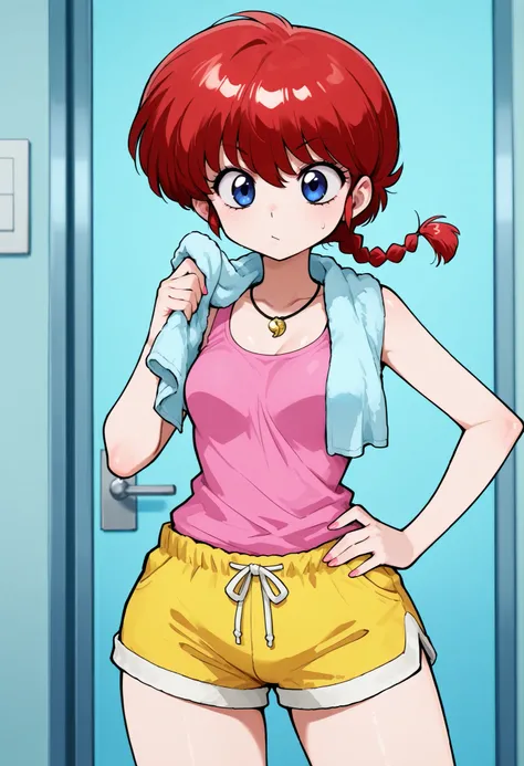 Ranma Saotome. red hair. pigtail. blue eyes. braid. small breasts. huge hips. necklace. black eyeliner. pink manicure. | score_9, score_8_up, score_7_up, source_anime, anime screencap, ultra detailed, skin_detail, lustrous_skin, shorts, hand on hip, single...