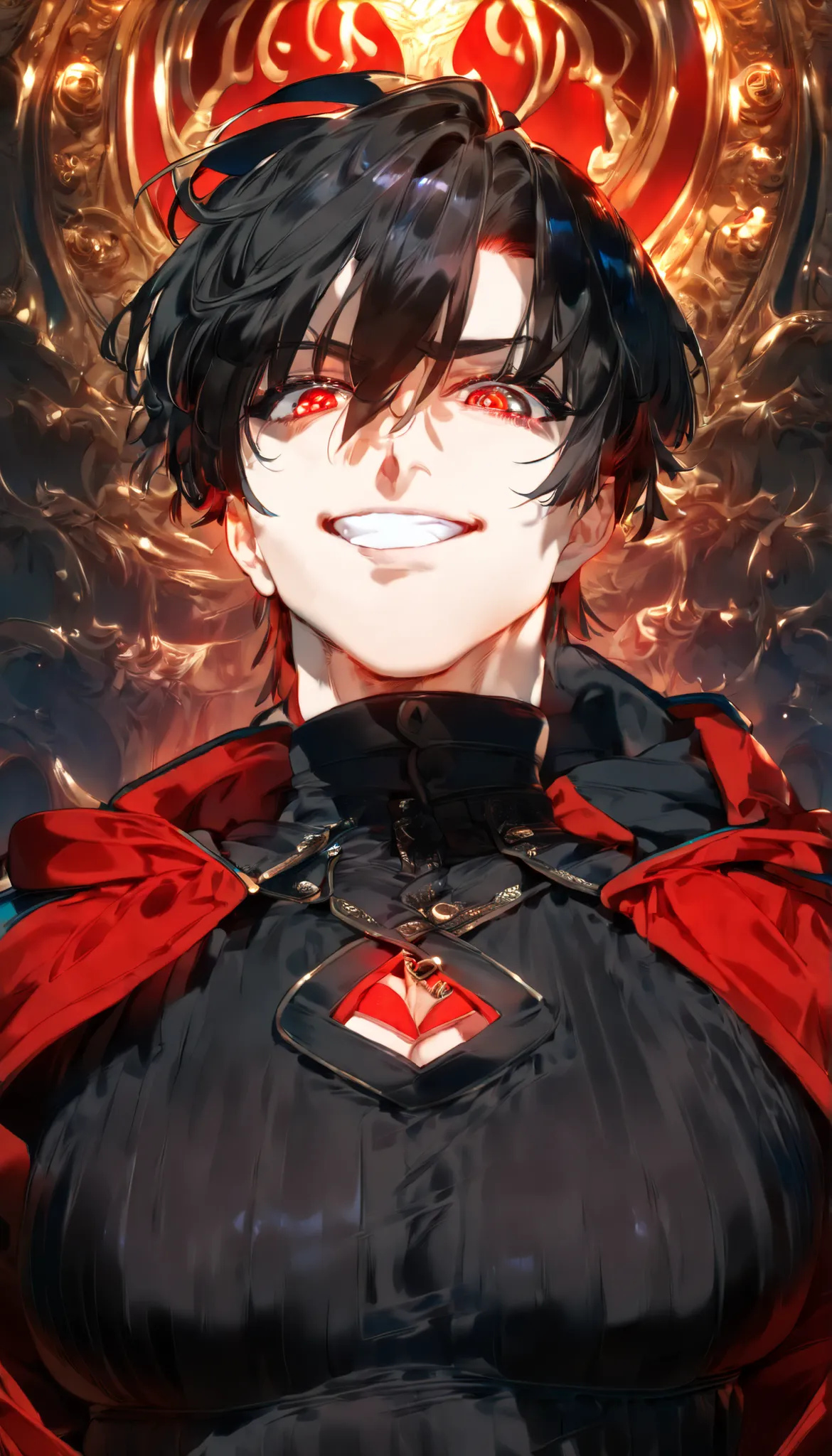 {{Highest Quality,Masterpiece,8k Wallpaper}},ultra high definition CG Unity,,((one man)),handsome,((bust up,on the left, face,and look at the camera)),Mocking smile,Face Closeup,sharp gaze,((Eyes Shining,red eyes,Small pupils)),((black hair,red inner color...