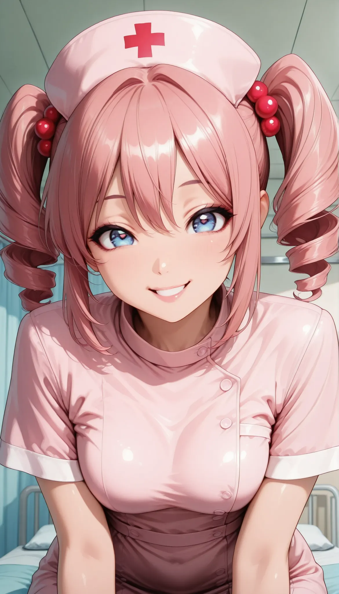 1 female, Pretty Pretty Girl, Miho Nakano, pink hair, twin drill, comic style eyes, droopy eyes, kawaii, pastel color, smile, show me teeth, beautiful eyes, beautiful lips, glossy skin, (nurse outfit, Pink Nurse, hospitalization, Hospital room, bed), Lavis...