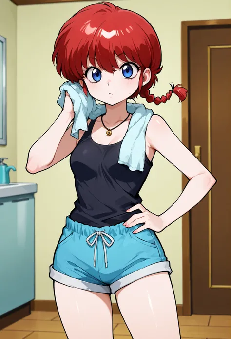 Ranma Saotome. red hair. pigtail. blue eyes. braid. small breasts. huge hips. necklace. black eyeliner. pink manicure. | score_9, score_8_up, score_7_up, source_anime, anime screencap, ultra detailed, skin_detail, lustrous_skin, shorts, hand on hip, single...