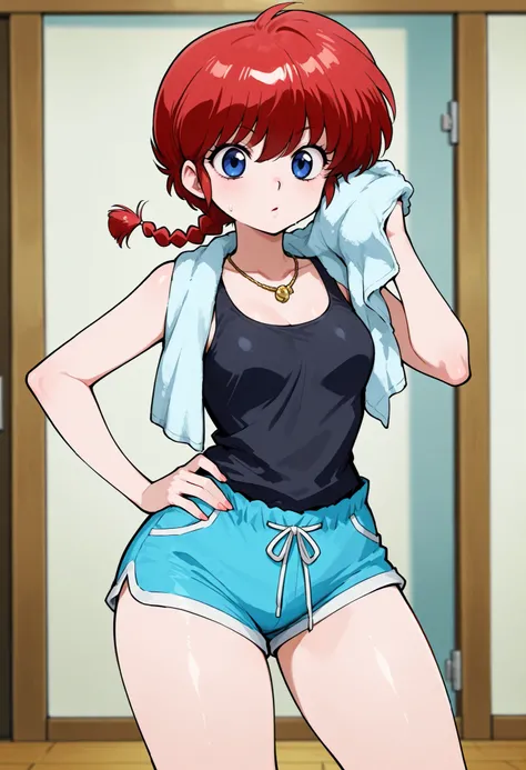 Ranma Saotome. red hair. pigtail. blue eyes. braid. small breasts. huge hips. necklace. black eyeliner. pink manicure. | score_9, score_8_up, score_7_up, source_anime, anime screencap, ultra detailed, skin_detail, lustrous_skin, shorts, hand on hip, single...