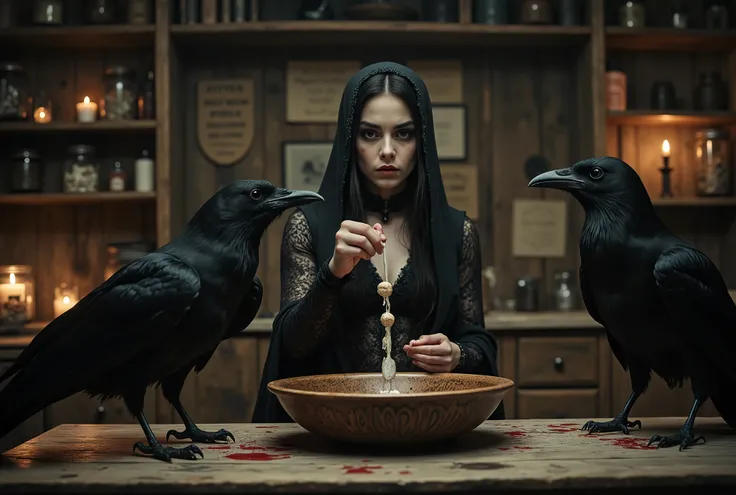 A woman and a young girl, both dressed in black, blonde and black hair, sit at a wooden table in a dimly lit, vintage cabin. The woman feeds the girl a spoonful of warm white yogurt from a decorative wooden bowl. On the table is a black crow, some blood, a...