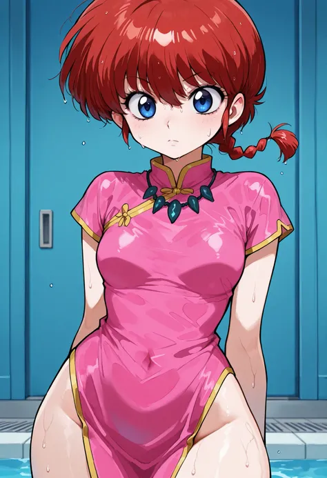 Ranma Saotome. red hair. pigtail. blue eyes. braid. small breasts. huge hips. necklace. black eyeliner. pink manicure. | score_9, score_8_up, score_7_up, source_anime, anime screencap, ultra detailed, skin_detail, lustrous_skin, wet, single braid, chinese ...