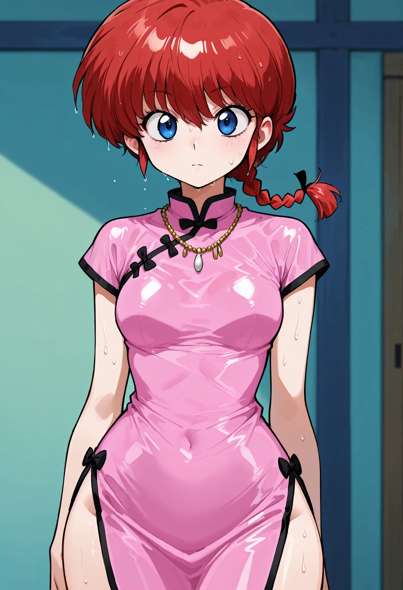 Ranma Saotome. red hair. pigtail. blue eyes. braid. small breasts. huge hips. necklace. black eyeliner. pink manicure. | score_9, score_8_up, score_7_up, source_anime, anime screencap, ultra detailed, skin_detail, lustrous_skin, wet, single braid, chinese ...