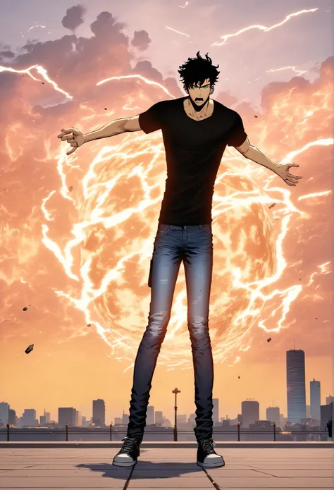 ((masterpiece)), ((best quality)), ((highres)), (detailed), (dynamic lighting), solo, full body, young male (18-20 years old), (dark brown messy hair), (piercing green eyes), (athletic build), (modern casual clothes: tattered jeans, fitted t-shirt), (deter...