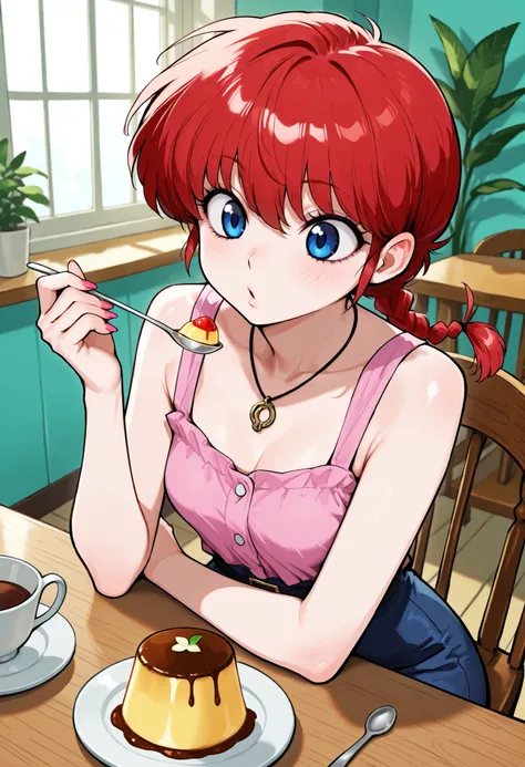 Ranma Saotome. red hair. pigtail. blue eyes. braid. small breasts. huge hips. necklace. black eyeliner. pink manicure. | score_9, score_8_up, score_7_up, kissaten, japanese cafe, sitting, indoors, window, chair, sunlight, table, plant, food, retroprin, pud...