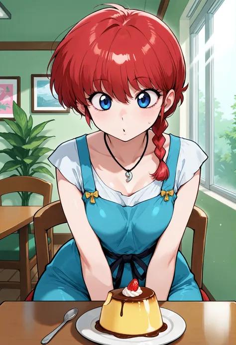Ranma Saotome. red hair. pigtail. blue eyes. braid. small breasts. huge hips. necklace. black eyeliner. pink manicure. | score_9, score_8_up, score_7_up, kissaten, japanese cafe, sitting, indoors, window, chair, sunlight, table, plant, food, retroprin, pud...