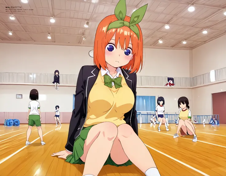 1girl,unwellness yotsuba, large breasts, orange hair, blue eyes, short hair, hair between eyes,green bow hairband, black blazer, open blazer, yellow sweater vest, white collared shirt, bowtie, plaid bowtie, green skirt, pleated skirt,sitting on the floor g...