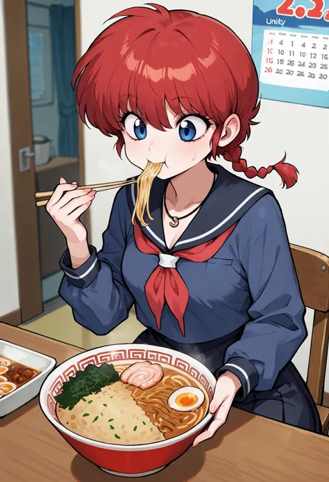 Ranma Saotome. red hair. pigtail. blue eyes. braid. small breasts. huge hips. necklace. black eyeliner. pink manicure. | score_9, score_8_up, score_7_up, anime, BREAK skirt, shirt, long sleeves, school uniform, BREAK machichuka, calendar (object), noodles,...