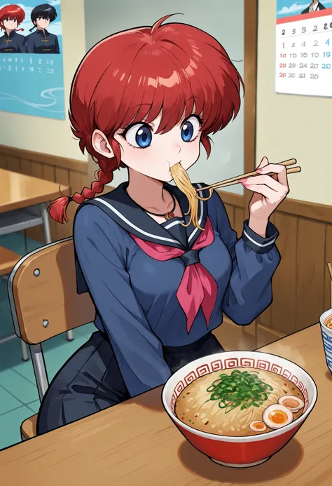 Ranma Saotome. red hair. pigtail. blue eyes. braid. small breasts. huge hips. necklace. black eyeliner. pink manicure. | score_9, score_8_up, score_7_up, anime, BREAK skirt, shirt, long sleeves, school uniform, BREAK machichuka, calendar (object), noodles,...