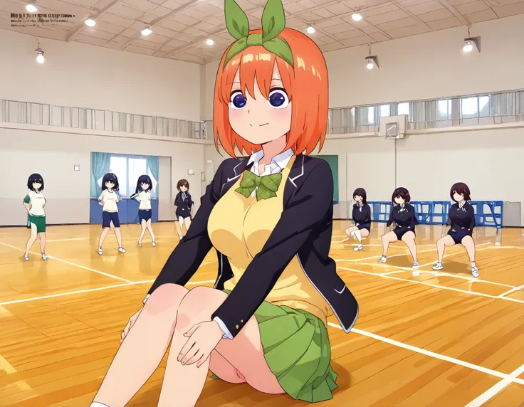1girl,unwellness yotsuba, large breasts, orange hair, blue eyes, short hair, hair between eyes,green bow hairband, black blazer, open blazer, yellow sweater vest, white collared shirt, bowtie, plaid bowtie, green skirt, pleated skirt,sitting on the floor g...