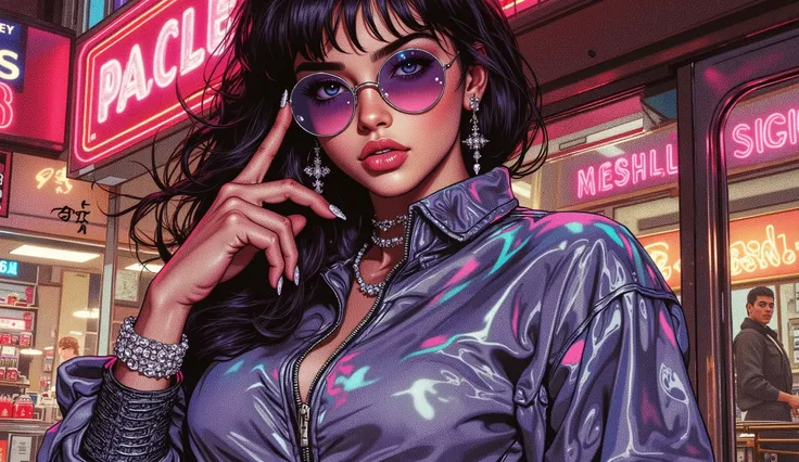 A detailed digital drawing of a girl from the 1980s wearing a reflective jumpsuit, textured long boots, large round sunglasses on her face, nails adorned with fake diamonds, standing in an old-fashioned shopping mall, vibrant colors, retro atmosphere, soft...