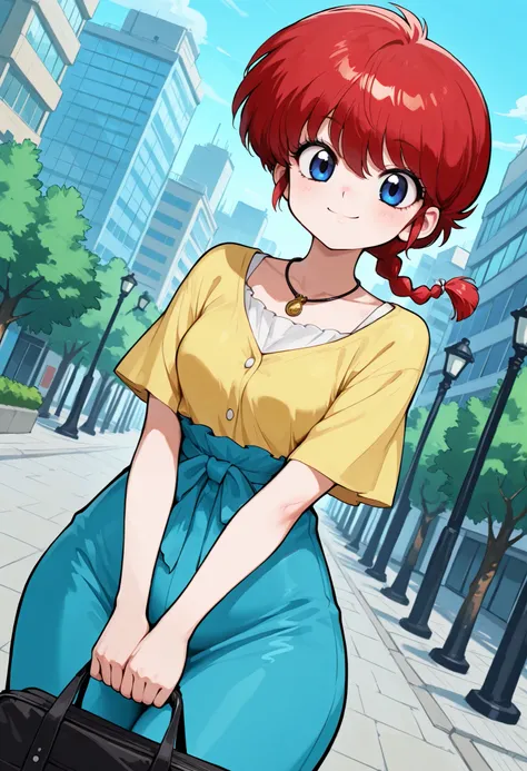 safe_pos, Ranma Saotome. red hair. pigtail. blue eyes. braid. small breasts. huge hips. necklace. black eyeliner. pink manicure. | general,highres, ultra-detailed,very aesthetic,best quality ,best hands,best eyes,easynegative, dynamic anglre, dutch angle, ...
