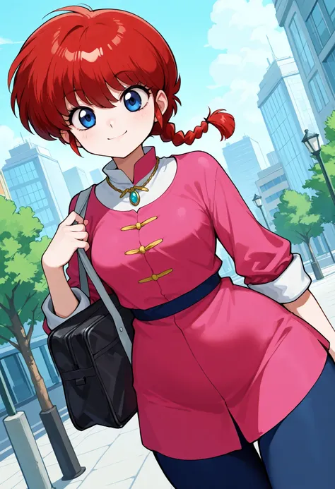 safe_pos, Ranma Saotome. red hair. pigtail. blue eyes. braid. small breasts. huge hips. necklace. black eyeliner. pink manicure. | general,highres, ultra-detailed,very aesthetic,best quality ,best hands,best eyes,easynegative, dynamic anglre, dutch angle, ...