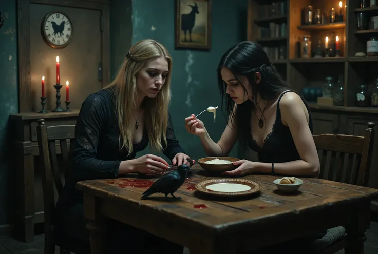 A woman and a young girl, both dressed in black, blonde and black hair, sit at a wooden table in a dimly lit, vintage cabin. The woman feeds the girl a spoonful of warm white yogurt from a decorative wooden bowl. On the table is a black crow, some blood, a...