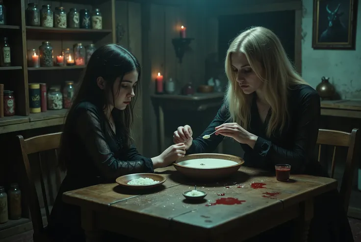 A woman and a young girl, both dressed in black, blonde and black hair, sit at a wooden table in a dimly lit, vintage cabin. The woman feeds the girl a spoonful of warm white yogurt from a decorative wooden bowl. On the table is a black crow, some blood, a...