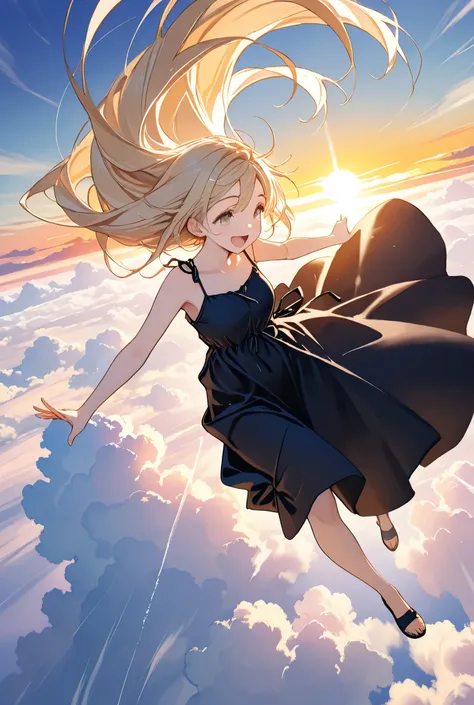 highest quality, ultra high resolution, ultra detailed, masterpiece, 1 girl, with arms outstretched, laughing happily, light blonde long hair, clear amber eyes, black summer dress, flowing hair and clothes, above the clouds, sunset sky, like falling on bac...