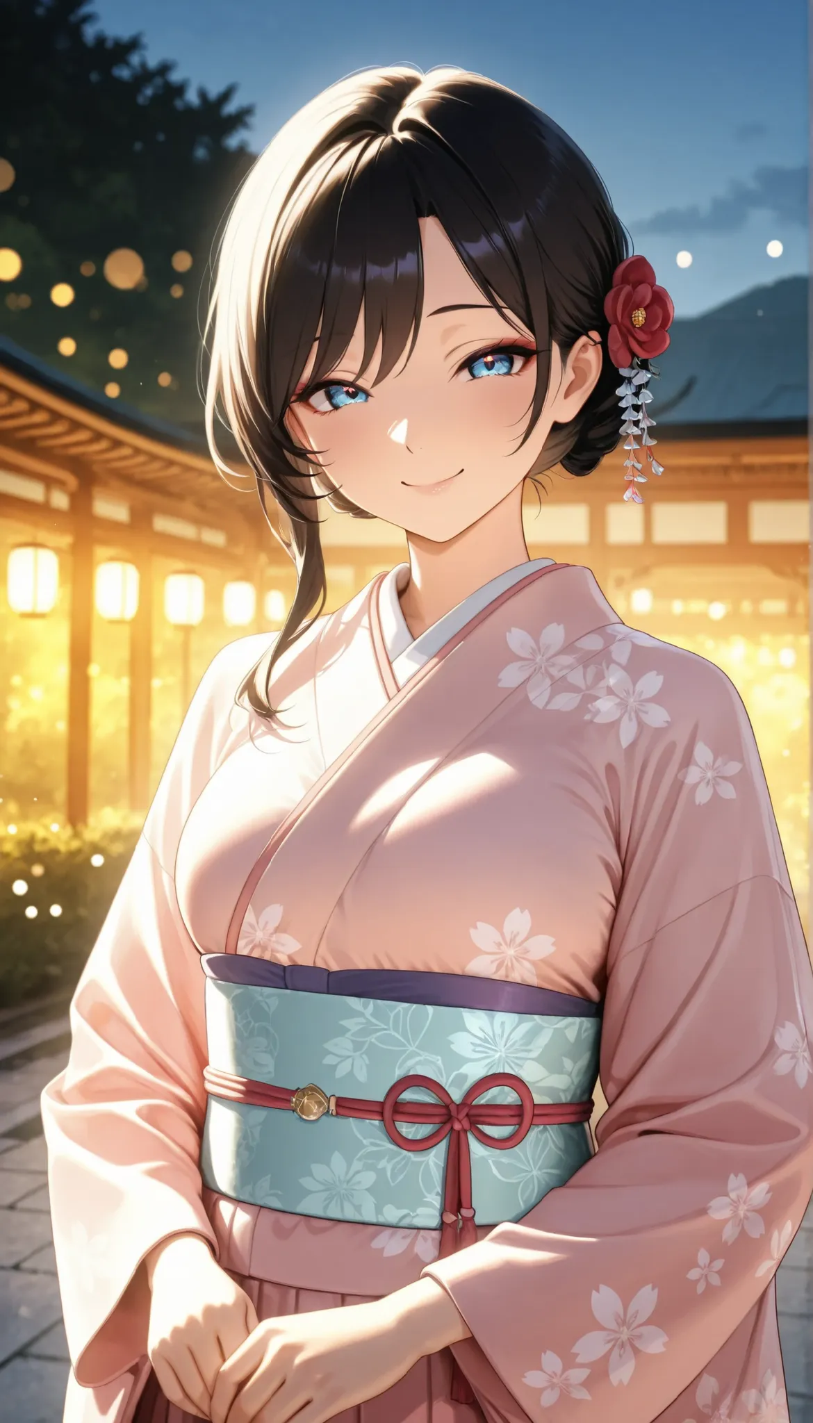A beautiful Japanese woman in traditional Japanese clothing with a garden view in the background,Japanese hairstyle,smiling expression,Japanese woman in beautiful Japanese clothes with garden scenery in the background,Natural light and shadows,exquisite te...