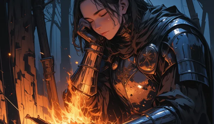 A fantasy style digital illustration of a knight in full metal armor, the shiny plates reflecting the fire, creating a gentle glow. His expression is calm and thoughtful, his eyes closed as he warms himself by the fire, resting his face on his hand. Behind...