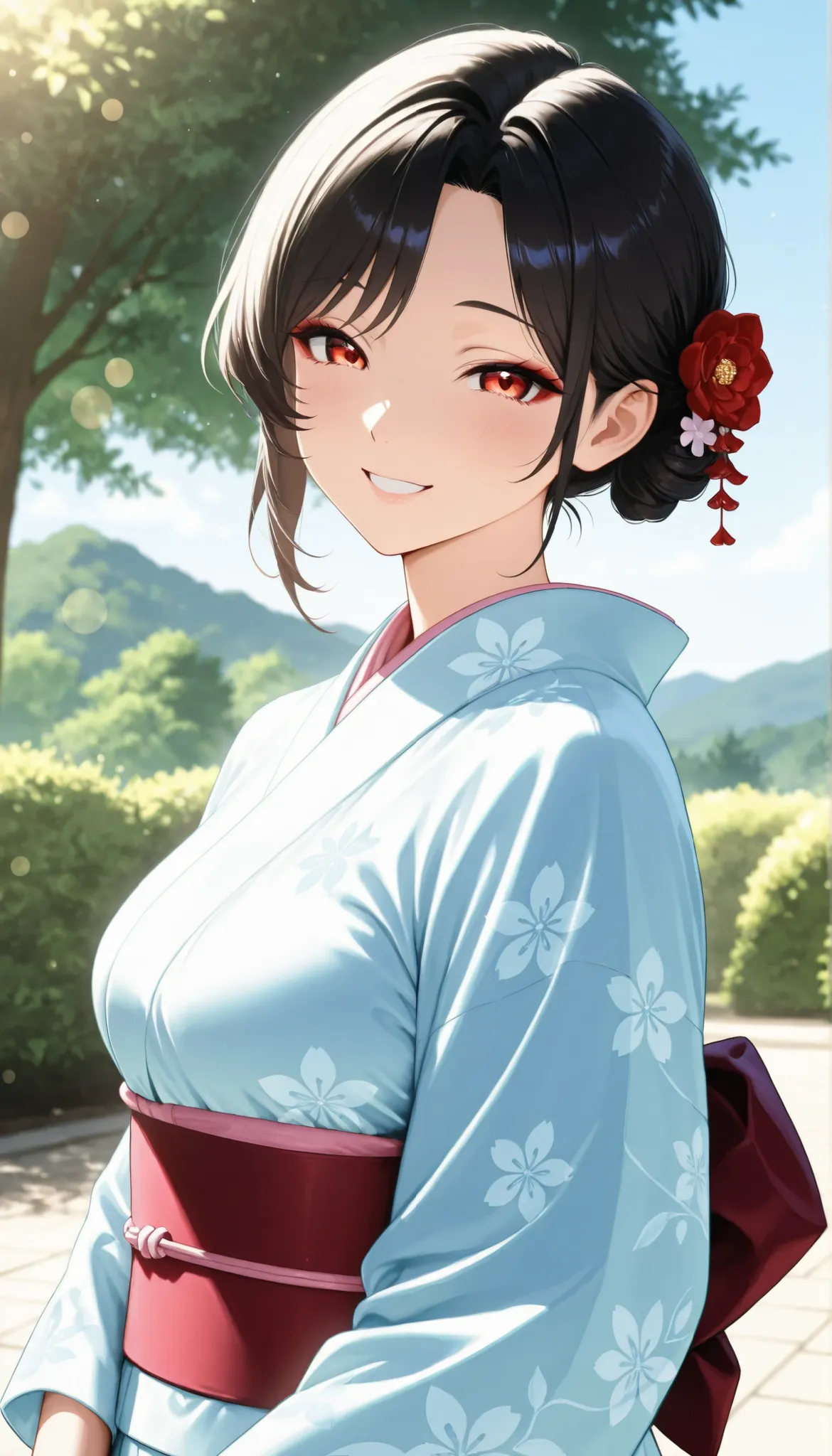 A beautiful Japanese woman in traditional Japanese clothing with a garden view in the background,Japanese hairstyle,smiling expression,Japanese woman in beautiful Japanese clothes with garden scenery in the background,Natural light and shadows,exquisite te...