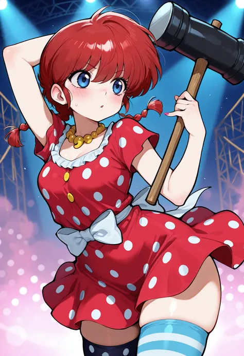 safe_pos, Ranma Saotome. red hair. pigtail. blue eyes. braid. small breasts. huge hips. necklace. black eyeliner. pink manicure. | masterpiece, best quality, amazing quality, circus_background, clowncore dress, bow, striped, short sleeves, thighhighs, mism...