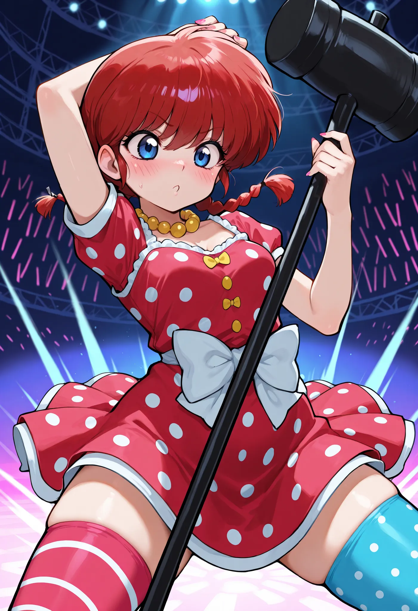 safe_pos, Ranma Saotome. red hair. pigtail. blue eyes. braid. small breasts. huge hips. necklace. black eyeliner. pink manicure. | masterpiece, best quality, amazing quality, circus_background, clowncore dress, bow, striped, short sleeves, thighhighs, mism...