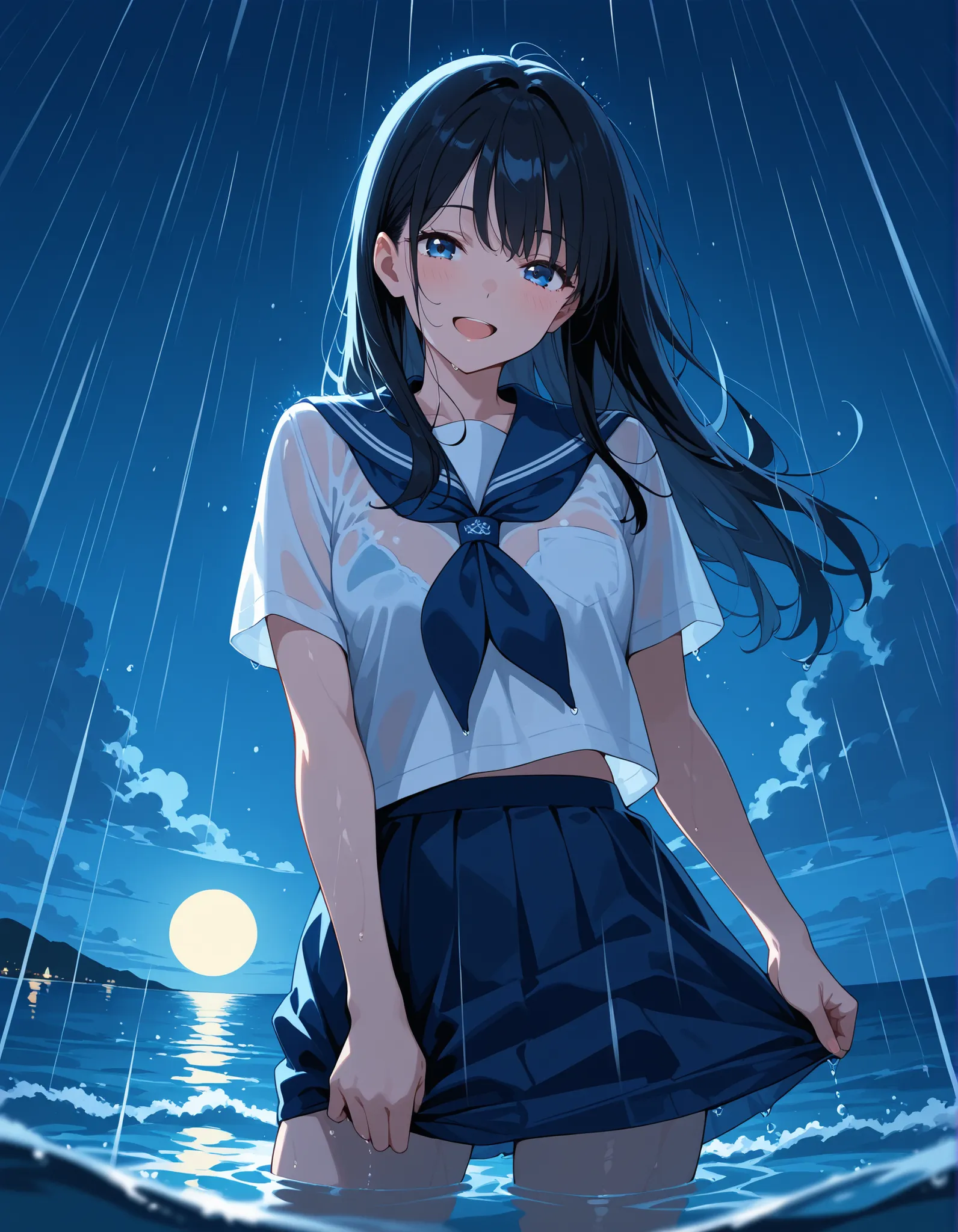black hair, long hair, sailor collar, school uniform, serafuku, shirt, skirt, blue sailor collar, blue skirt, white shirt, 1girl, open mouth, moon, night, ocean, partially submerged, rain, smile, solo, depth of field, deep shadows, backlighting, perspectiv...